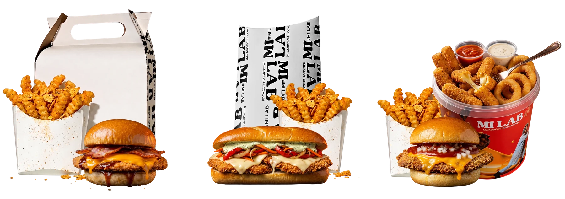 Los tres combos de Mi Lab con su packaging: la caja KIT, el sobre del XL y el pote para compartir, cada uno con sus papas